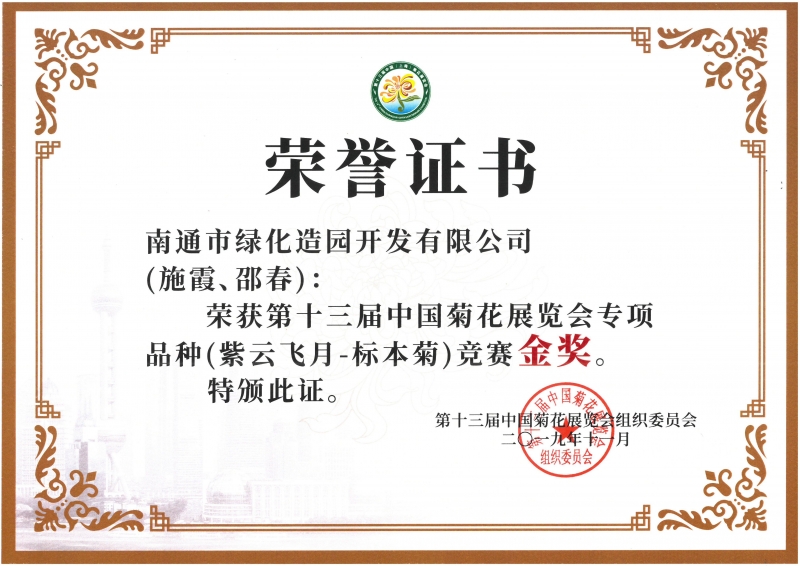 十三屆中國菊花展覽會專項品種（紫云飛月-標本菊）競賽金獎（施霞、邵春）